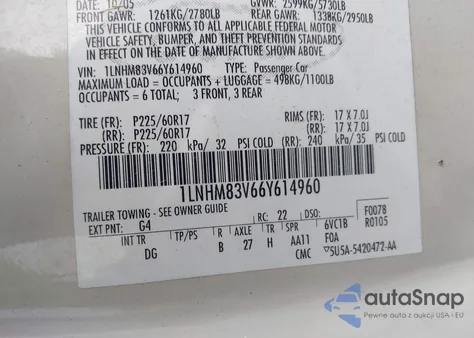 2006 Lincoln Town Car Designer Series z USA, uszkodzony, nr VIN 1LNHM83V66Y614960